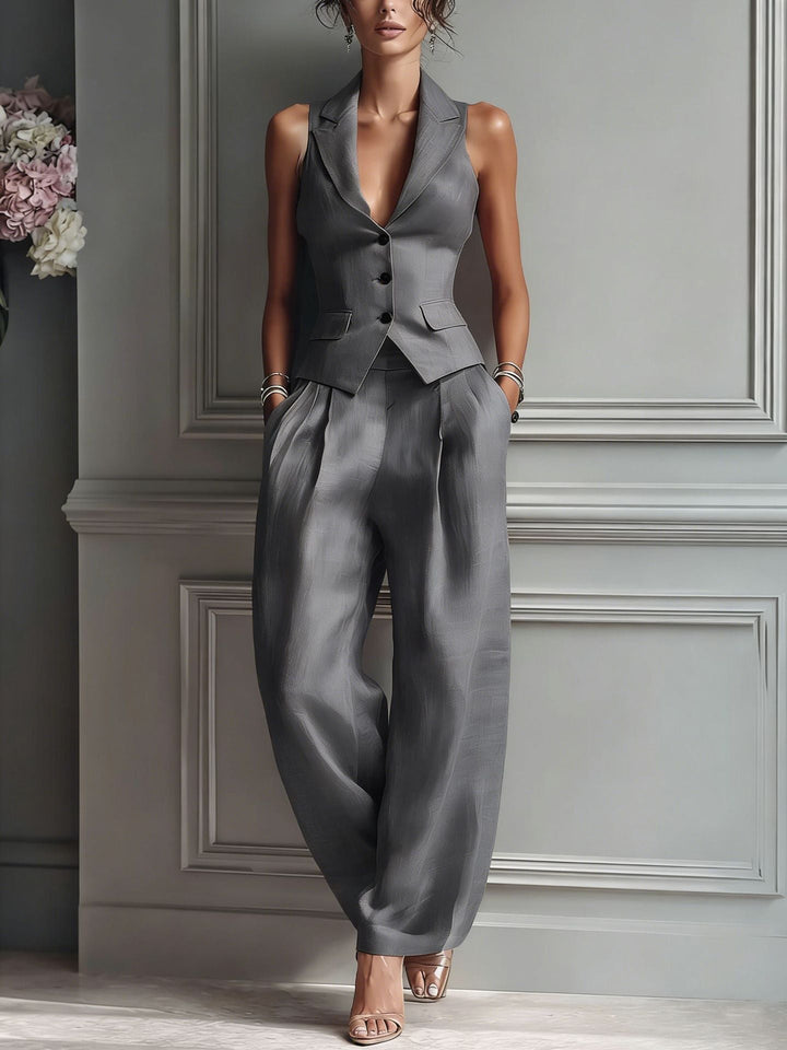 Set da donna a due pezzi con scollo a V e bottoni