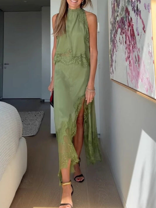 Top con Collo Plissettato in Pizzo + Gonna con Fessura Irregolare