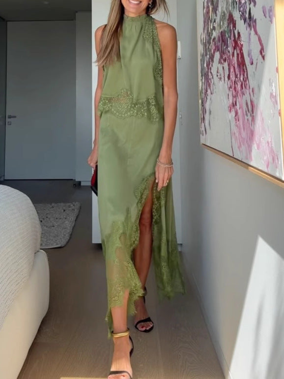Set Top con Collo Plissettato in Pizzo + Gonna con Fessura Irregolare