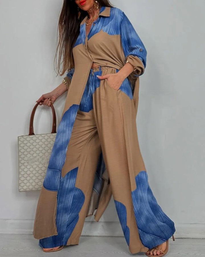 Set casual top e pantaloni a scollo a V per donna