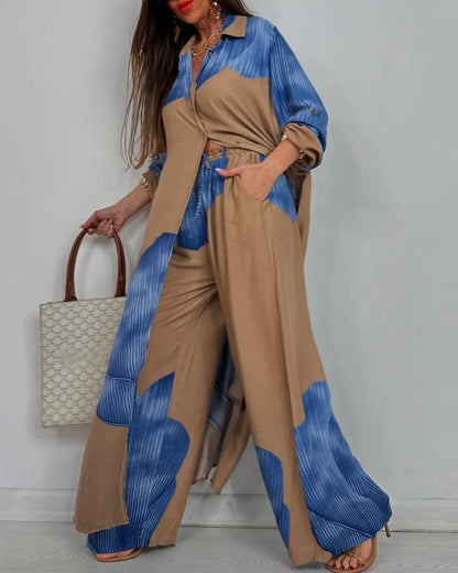 Set casual di top e pantaloni in patchwork a V per donna
