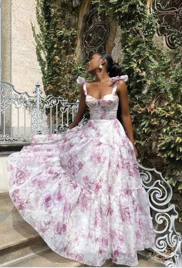 Abito Maxi con Spalline a Nastro e Stampa Floreale in Organza
