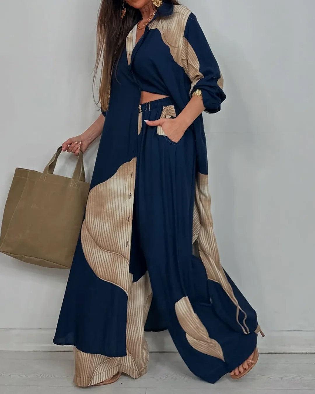 Set Casual da Donna con Top e Pantaloni Patchwork a V
