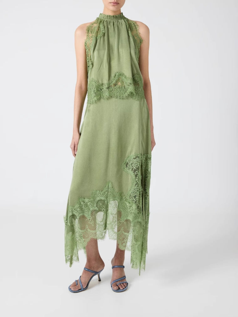 Set Top con Collo Plissettato in Pizzo + Gonna con Fessura Irregolare
