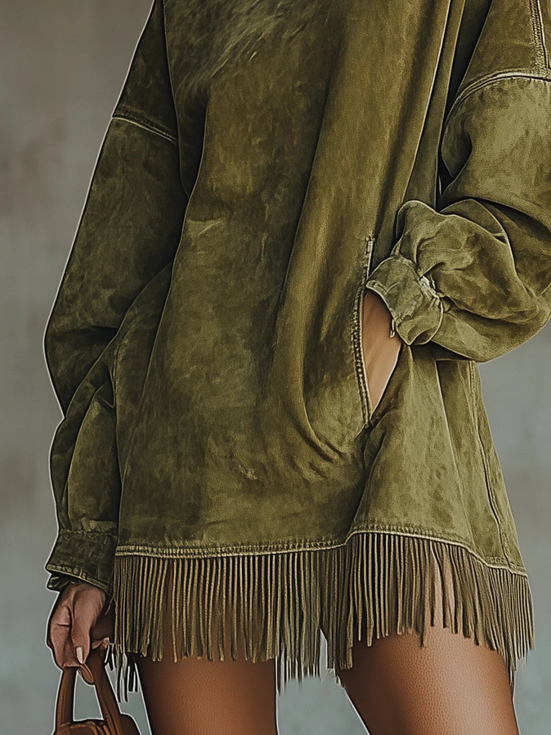 Abito a Collo Alto in Faux Suede con Orlo Frangiato