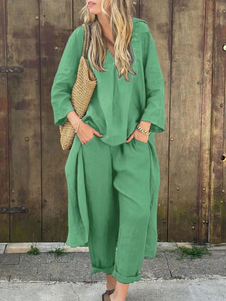 Set Top a V Scollo Irregolare in Lino e Pantaloni Ampi a Vita Alta con Tasche