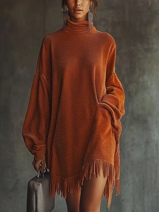 Abito arancione in corduroy con orlo a frange e colletto alto