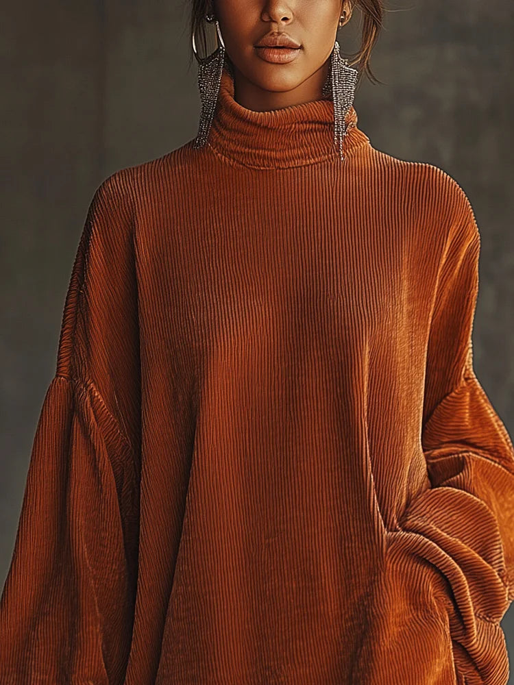 Vestito arancione in corduroy con orlo a frange e colletto alto