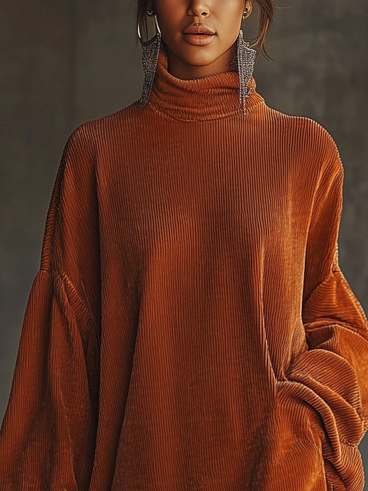 Vestito arancione in corduroy con orlo a frange e colletto alto