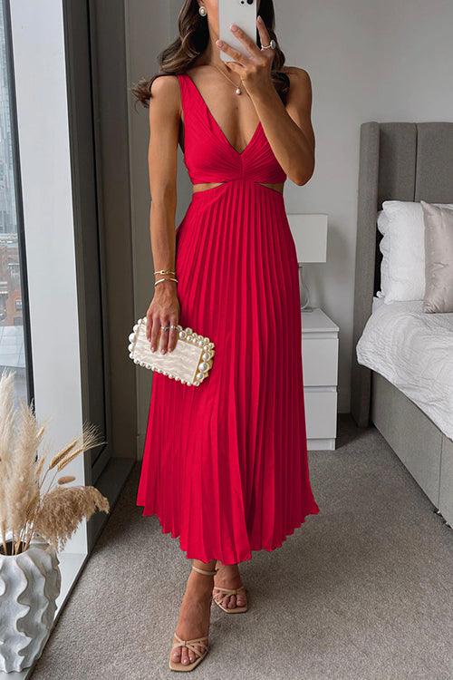 Abito Maxi Senza Maniche Plissettato con Cut Out in Vita a V