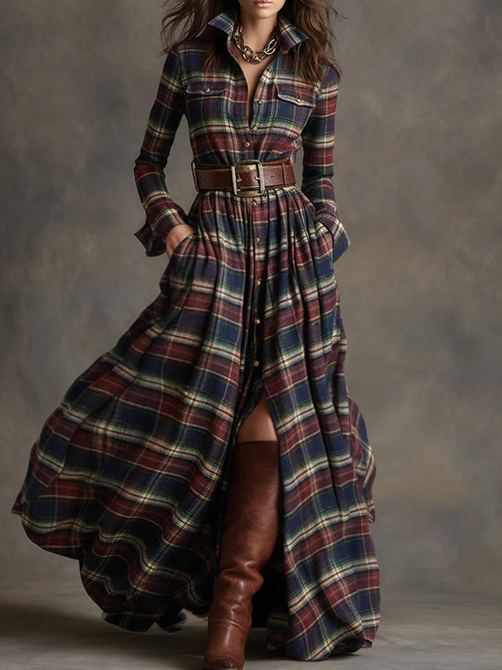 Abito maxi a maniche lunghe con collo a revers e motivo tartan (inclusa cintura)