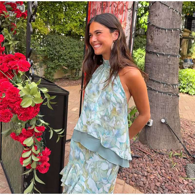 Elora Vestito Maxi Floreale con Collo Halter e Volant