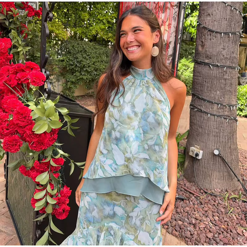 Elora Vestito Maxi Floreale con Collo Halter e Volant