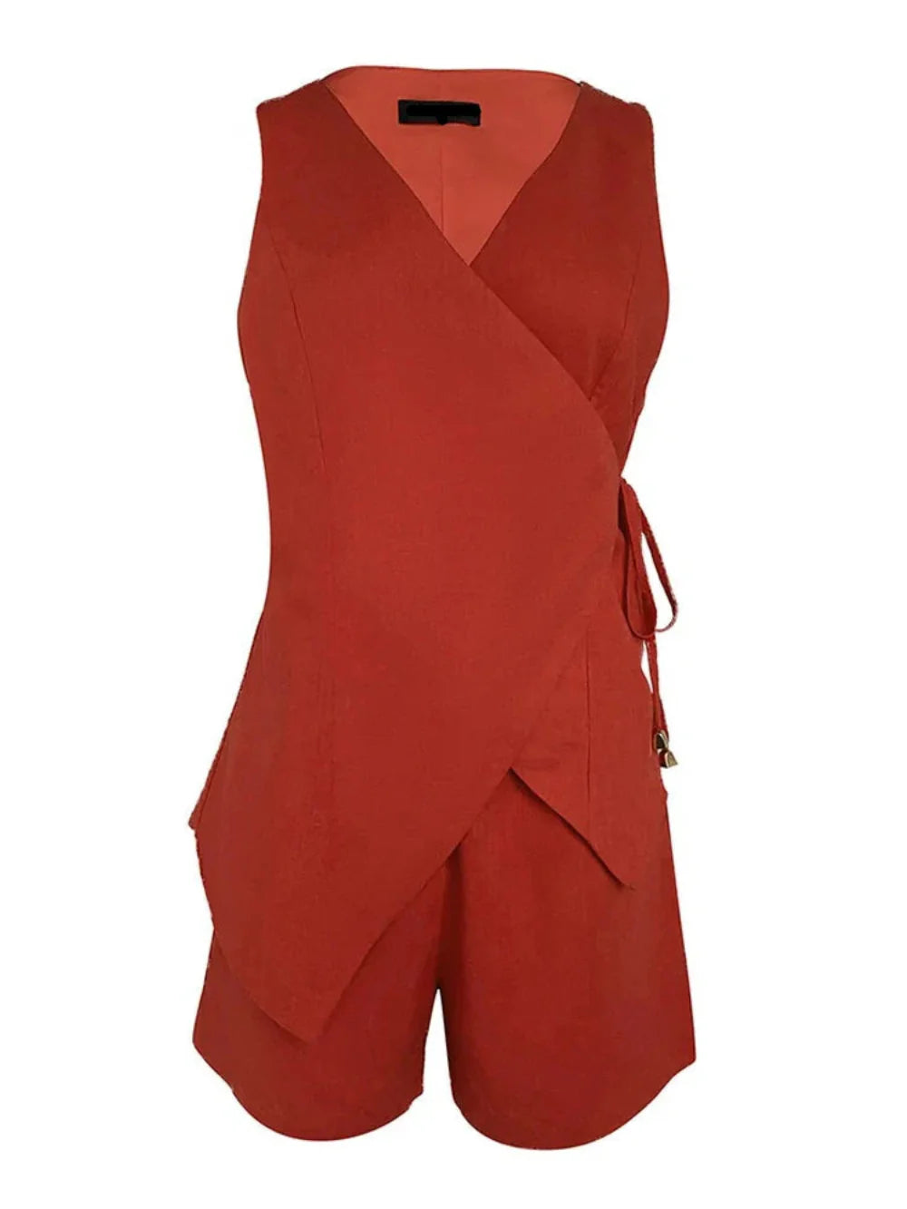Set Top Senza Maniche in Lino con V Collo e Pantaloni Corti Larghi