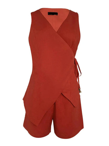 Set Top Senza Maniche in Lino con V Collo e Pantaloni Corti Larghi