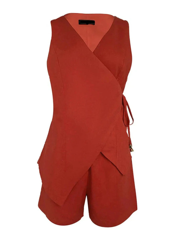 Set Top Senza Maniche in Lino con V Collo e Pantaloni Corti Larghi