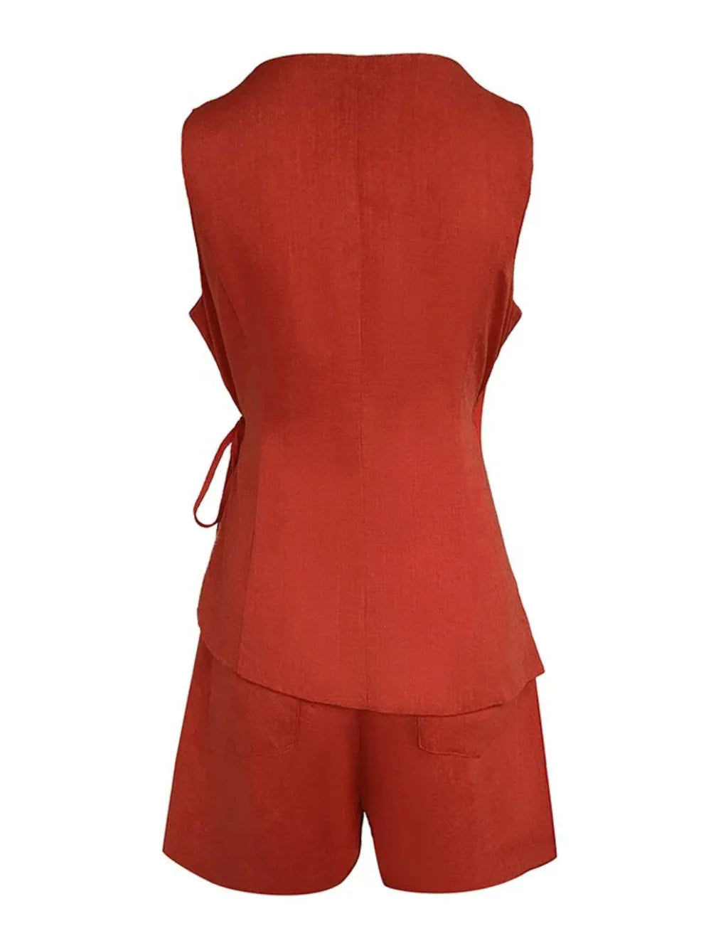 Set Top Senza Maniche in Lino con V Collo e Pantaloni Corti Larghi
