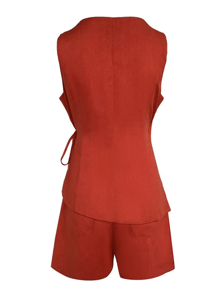 Set Top Senza Maniche in Lino con V Collo e Pantaloni Corti Larghi