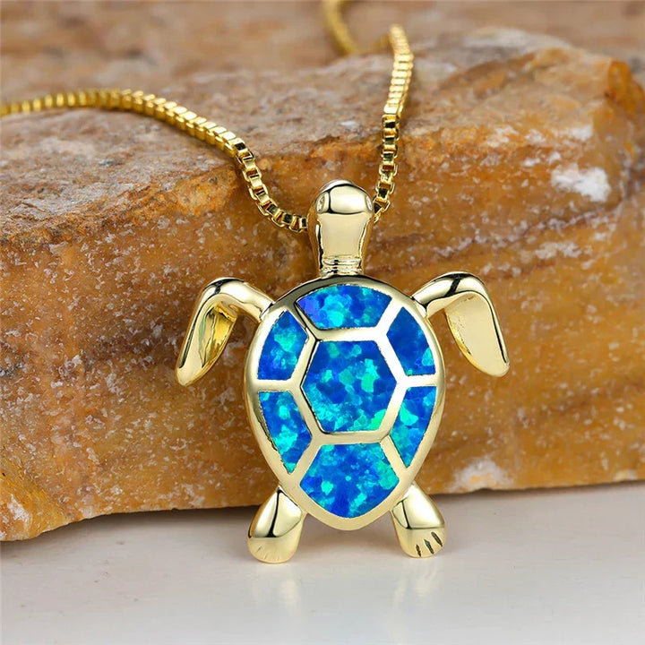 Collana Pendente Tartaruga in Opale di Fuoco Verde Vintage