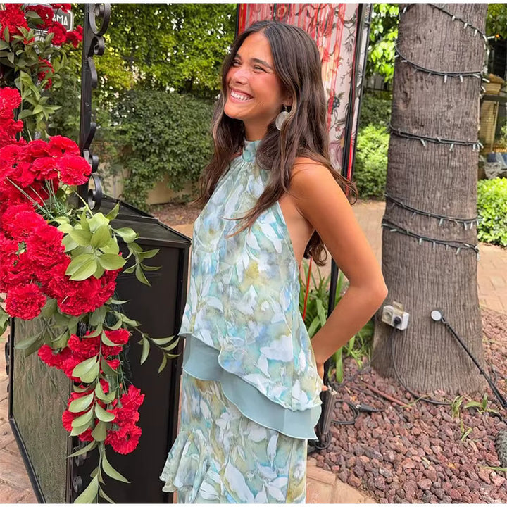 Elora Vestito Maxi Floreale con Collo Halter e Volant