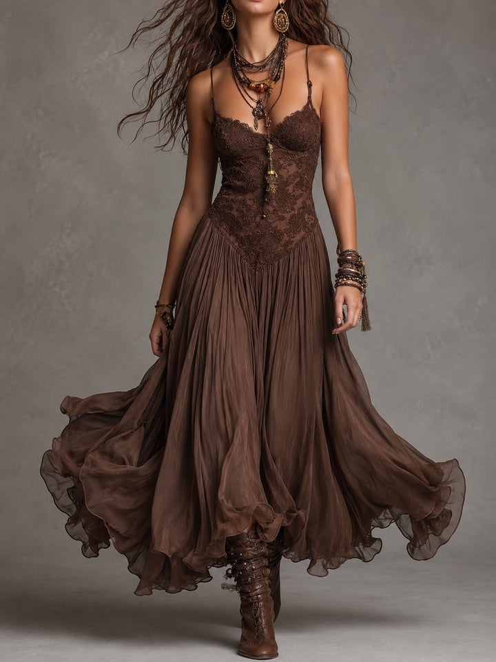 Abito Maxi in Chiffon con Pannelli in Pizzo Marrone Scuro