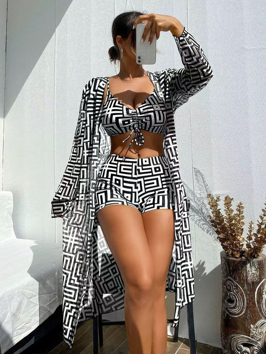 Costume da Bagno Due Pezzi Stampato Rettangolare per Donna con Copricostume Tre Pezzi