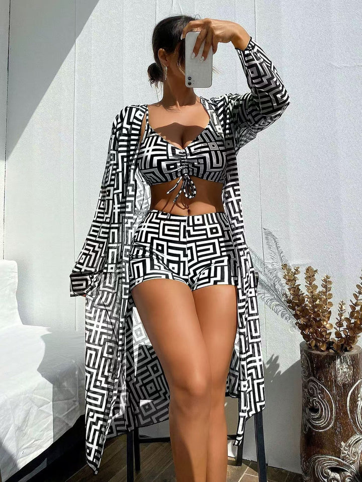 Costume da Bagno Due Pezzi Stampato Rettangolare per Donna con Copricostume Tre Pezzi