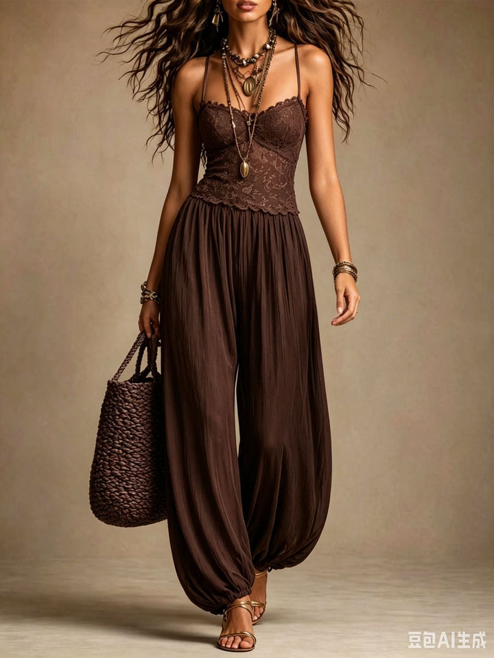 Tutina Harem con Spalline in Chiffon e Pizzo Nero