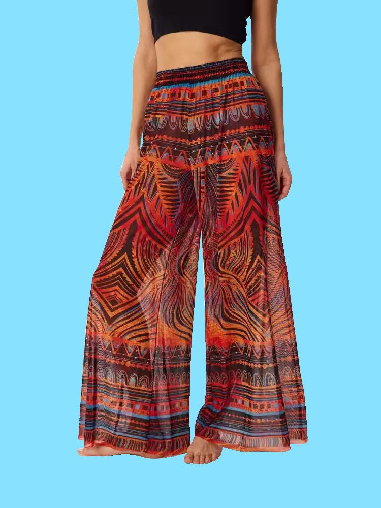 Pantaloni Casual in Rete Stampati a Vita Alta per Donna