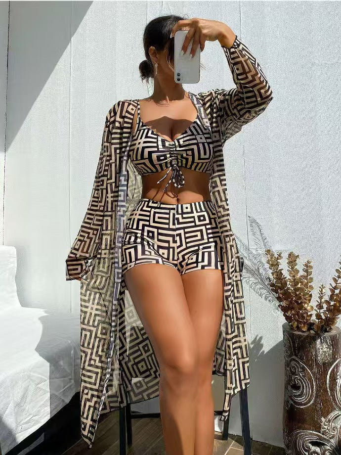 Costume da Bagno Due Pezzi Stampato Rettangolare per Donna con Copricostume Tre Pezzi