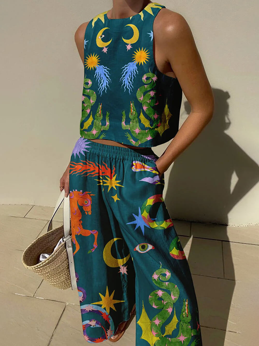 Set di Canotta con Stampa Unica e Pantaloni con Vita Elastico e Tasche