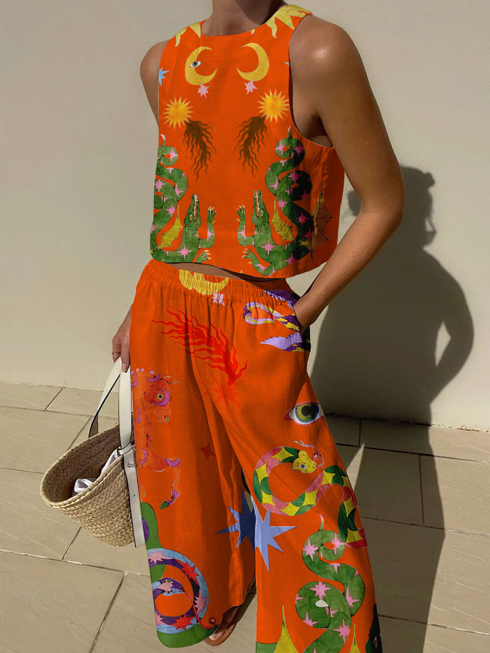 Set di Canotta con Stampa Unica e Pantaloni con Vita Elastico e Tasche