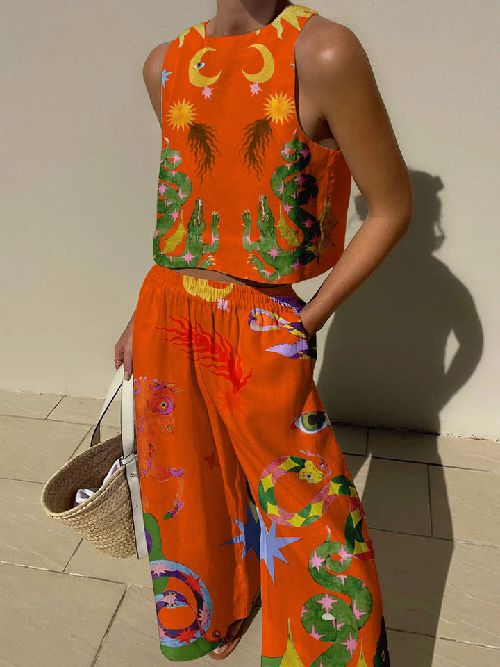 Set di Canotta con Stampa Unica e Pantaloni con Vita Elastico e Tasche