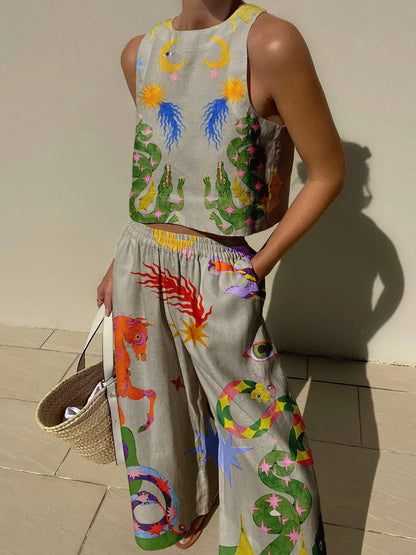 Set di Canotta con Stampa Unica e Pantaloni con Vita Elastico e Tasche