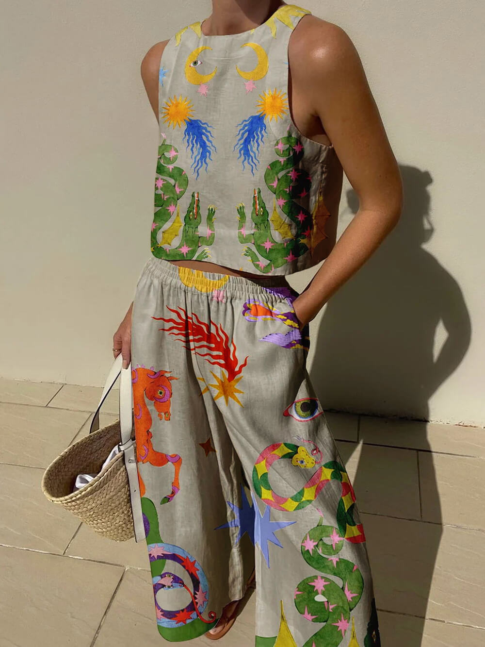 Set di Canotta con Stampa Unica e Pantaloni con Vita Elastico e Tasche