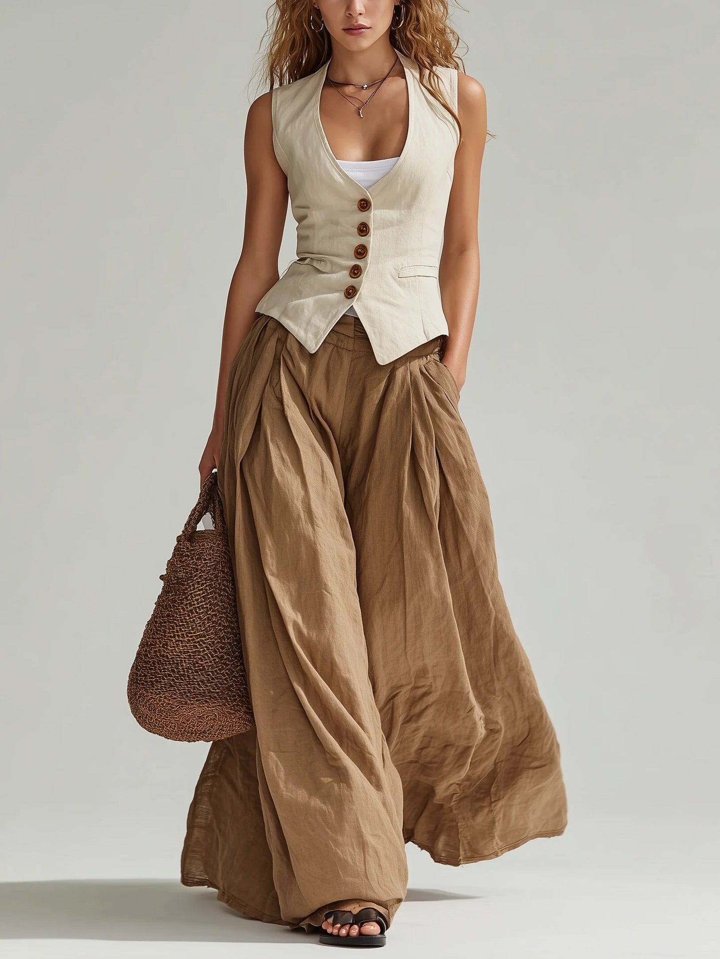 Set di gilet beige casual e pantaloni larghi marroni