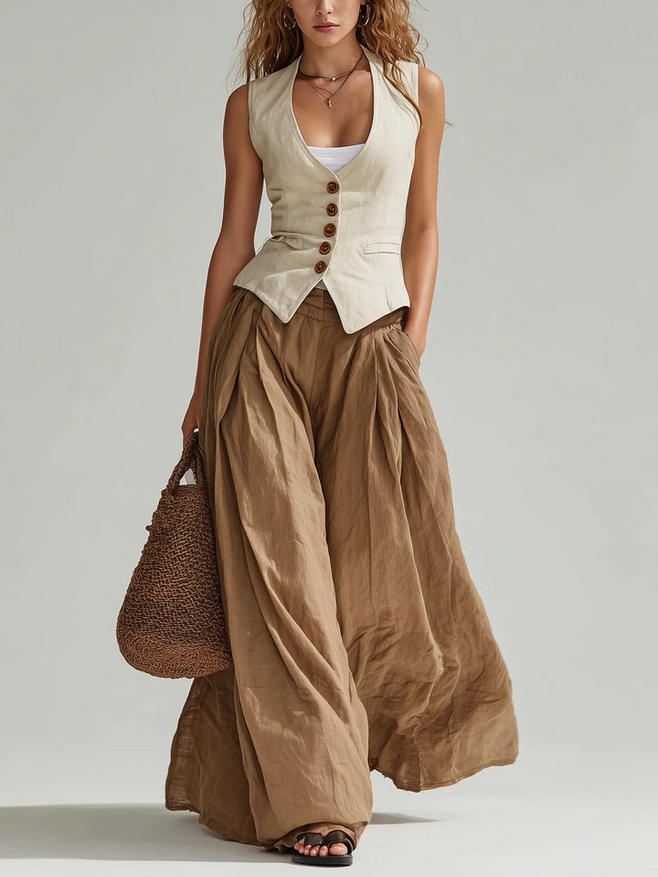 Completo casual in beige con gilet e pantaloni larghi marroni
