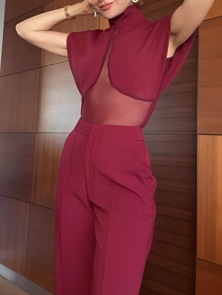 Set top e pantaloni in rete trasparente patchwork bordeaux