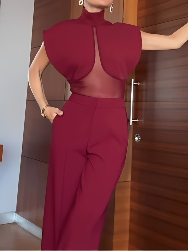 Set di top e pantaloni in rete trasparente patchwork bordeaux