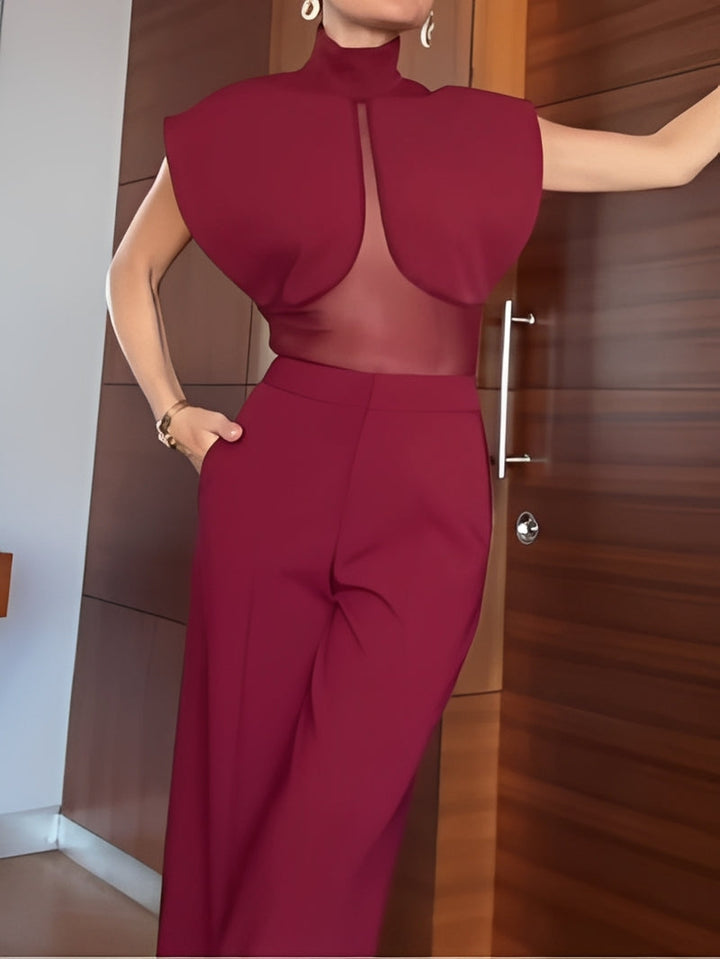 Set di top e pantaloni in rete trasparente patchwork bordeaux