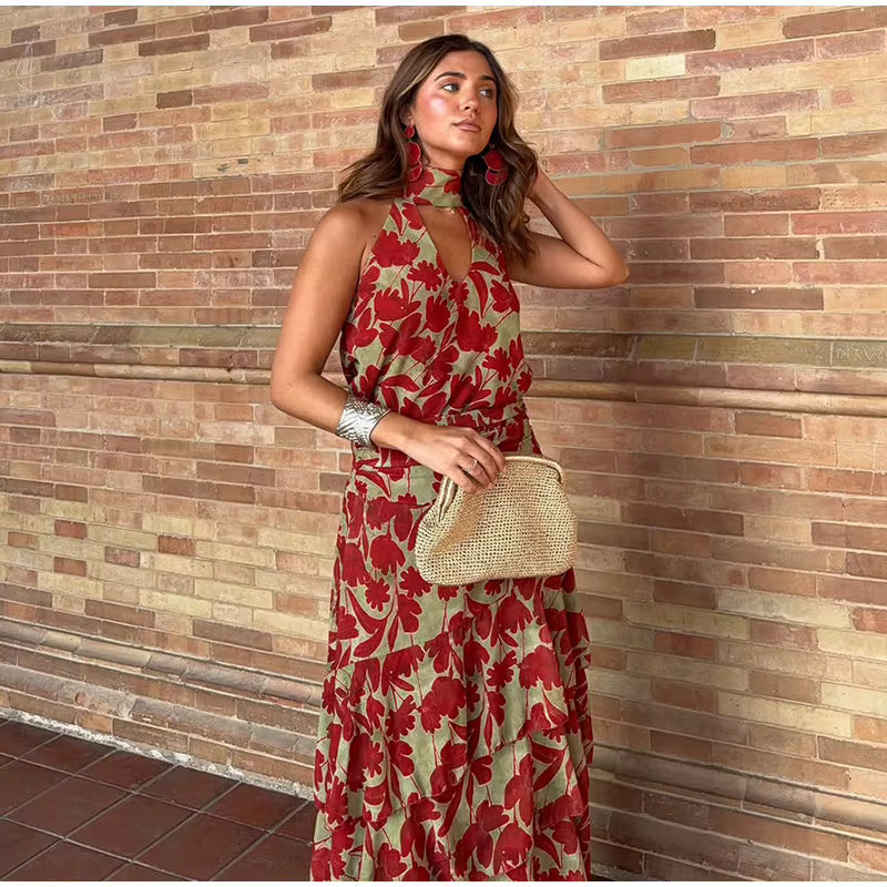 Nerea Completo Floreale con Top Halter e Gonna Maxi