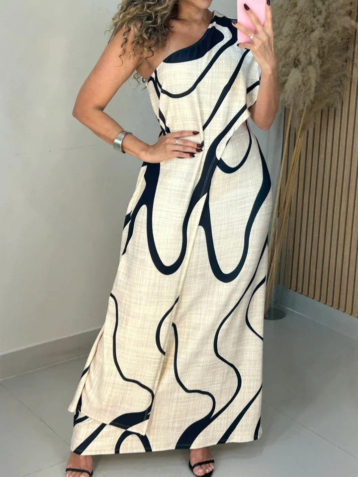 Abito maxi off-shoulder con motivo astratto