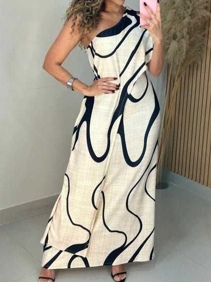 Abito maxi off-shoulder con motivo astratto