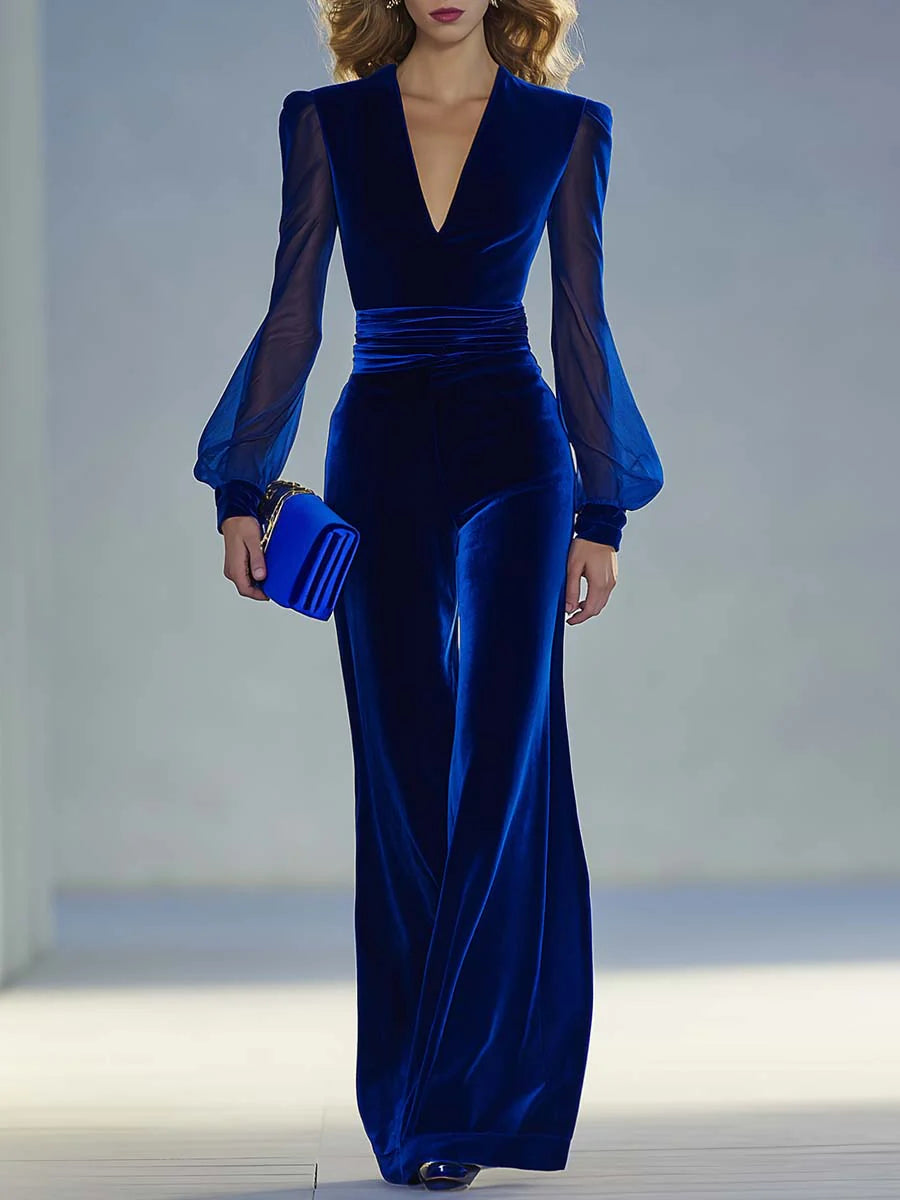 Jumpsuit elegante rétro con scollo a V in rete a maniche lunghe in velluto reale