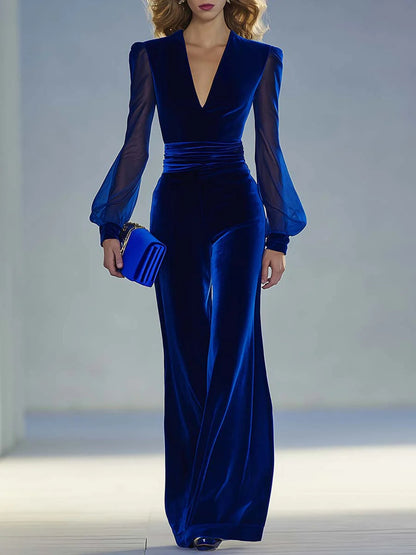 Jumpsuit elegante rétro con scollo a V in rete a maniche lunghe in velluto reale