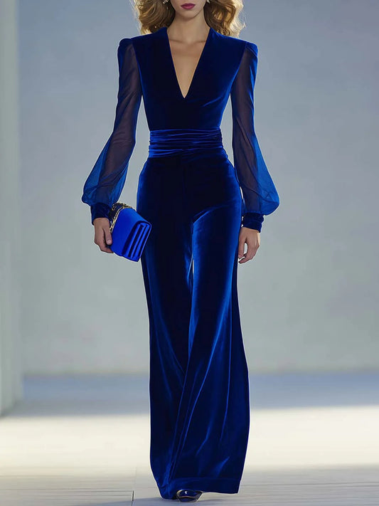 Jumpsuit elegante retro con scollo a V in rete e maniche lunghe in velluto reale
