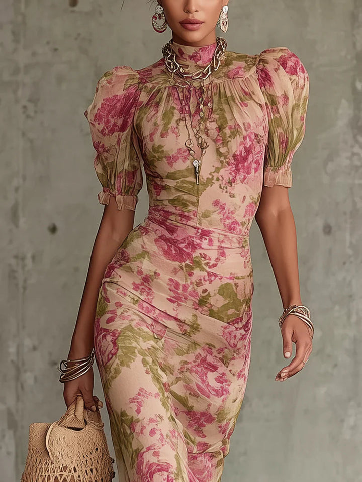 Abito Maxi Stampa Rosa Vintage con Maniche a Palloncino (Accessori non inclusi)