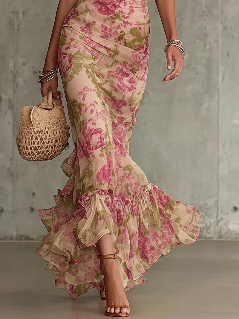 Abito Maxi Stampa Rosa Vintage con Maniche a Palloncino (Accessori non inclusi)