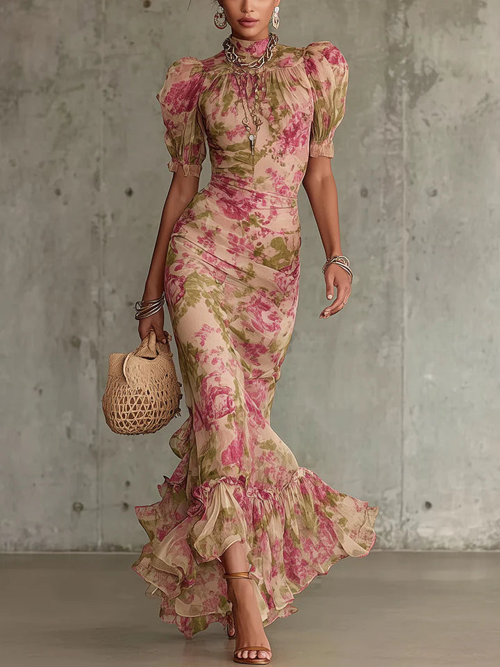 Abito Maxi Stampa Rosa Vintage con Maniche a Palloncino (Accessori non inclusi)