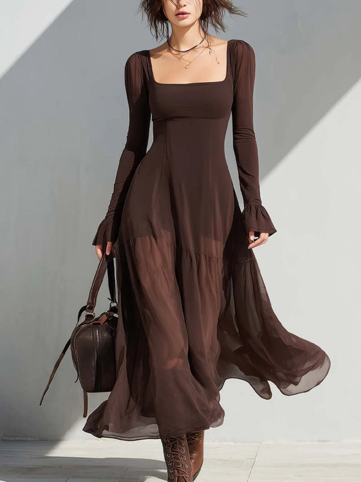 Abito Midi Flare con Scollo Quadrato e Maniche Trasparenti